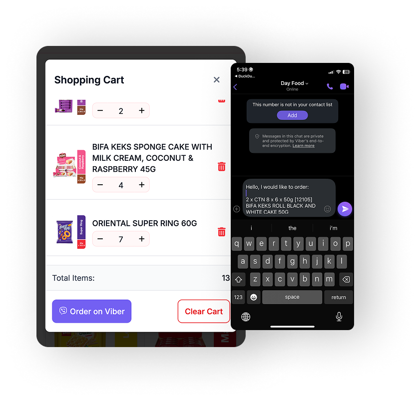 Structured message composed at checkout for one‑tap send