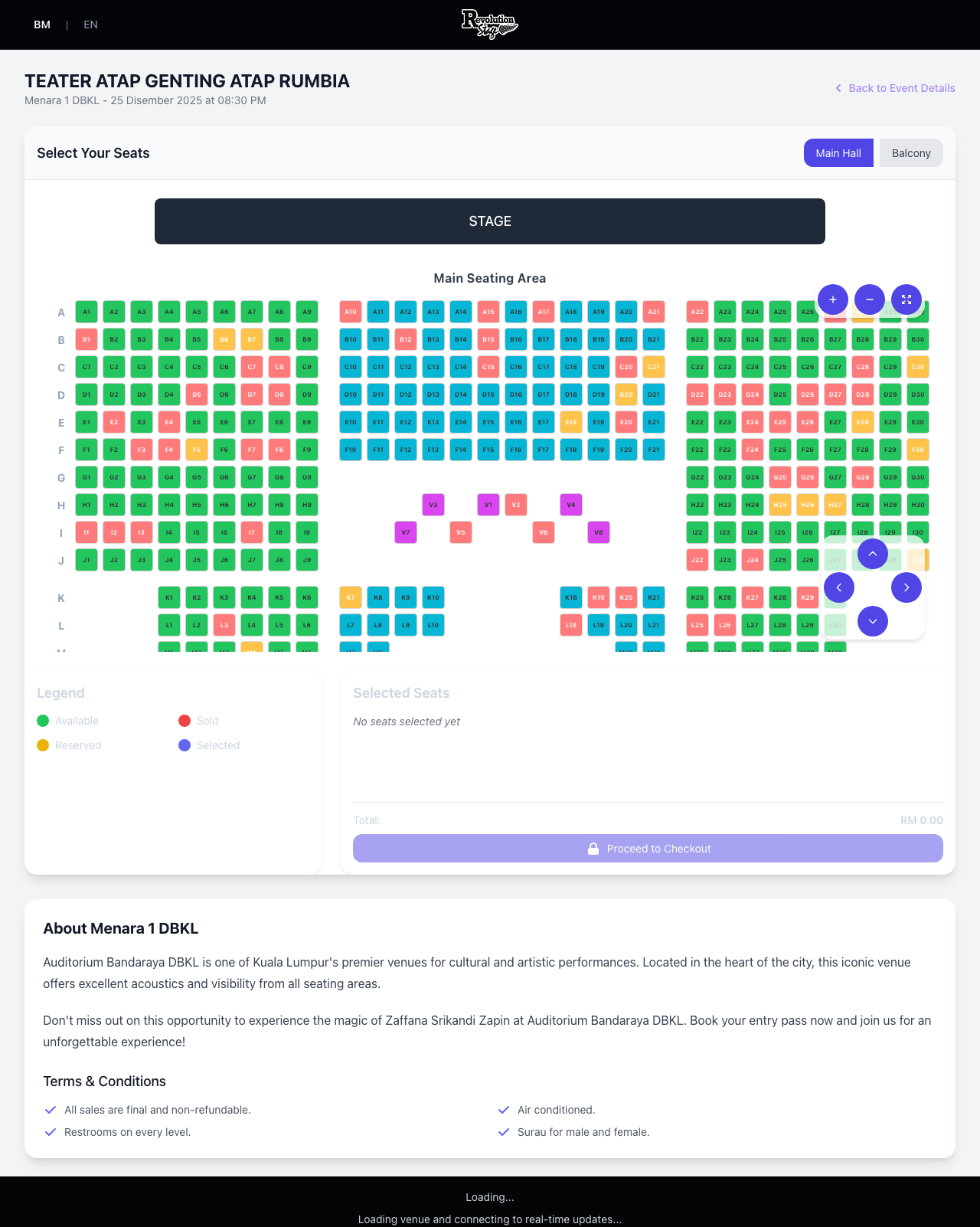 The RevoTickets seat map on desktop