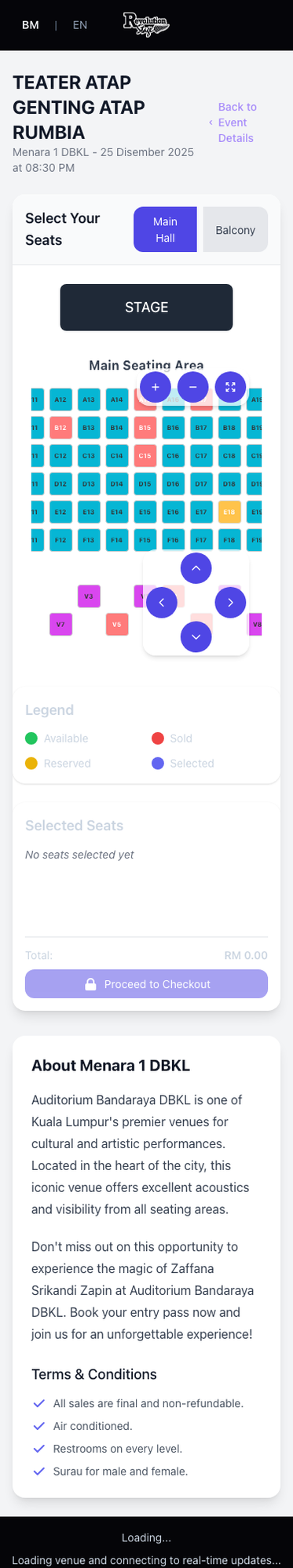 The RevoTickets seat map on mobile