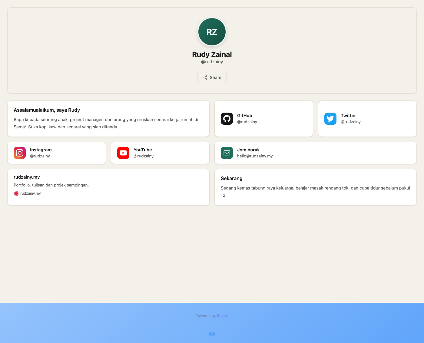 Public Bento profile for @rudzainy on a cream page, eight cards of varied width holding a Malay bio, GitHub, Twitter, Instagram, YouTube and email links.