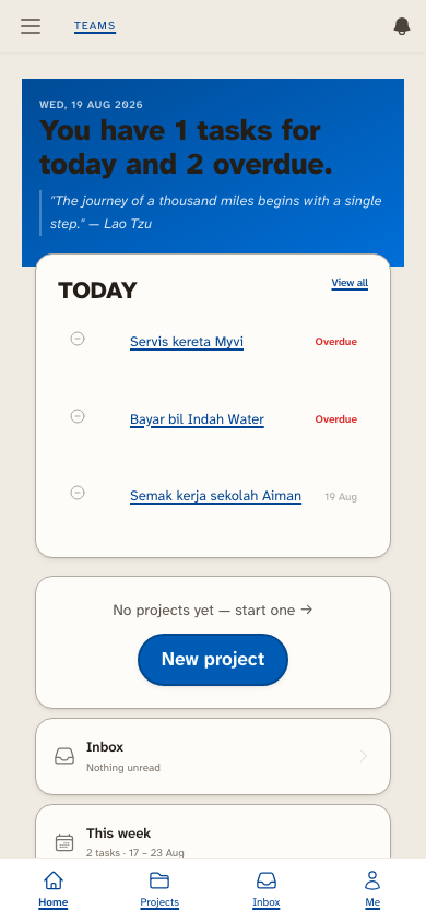 The Sama² dashboard at 390 pixels wide in the Paper skin, cards stacked into one column above a bottom tab bar for Home, Projects, Inbox and Me.